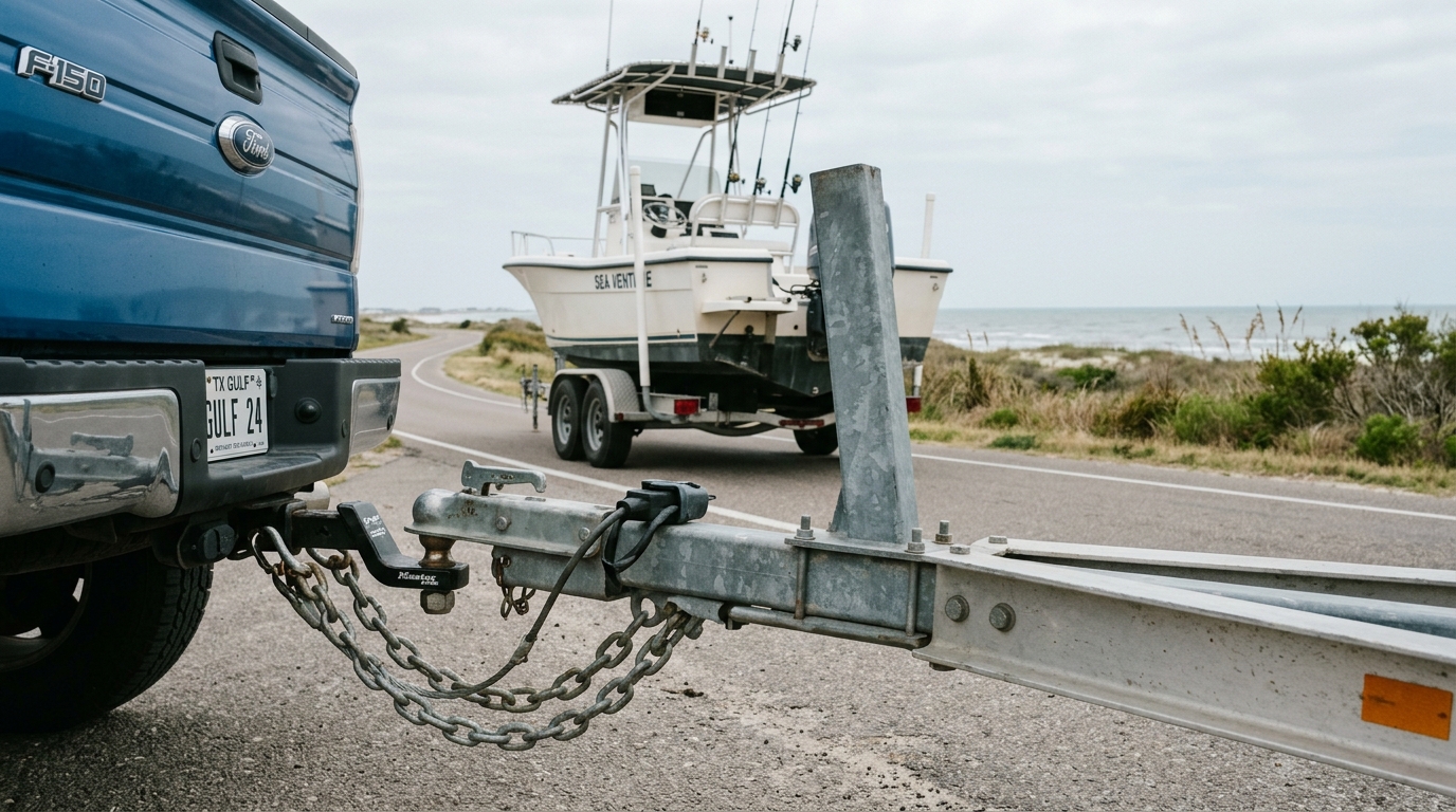 Boat trailer parked at a Galveston boat ramp with a boat being launched in the background