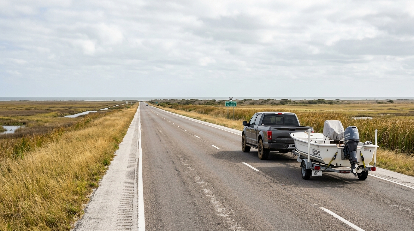 Truck towing a boat trailer across the Galveston Causeway with wind-blown water in the background