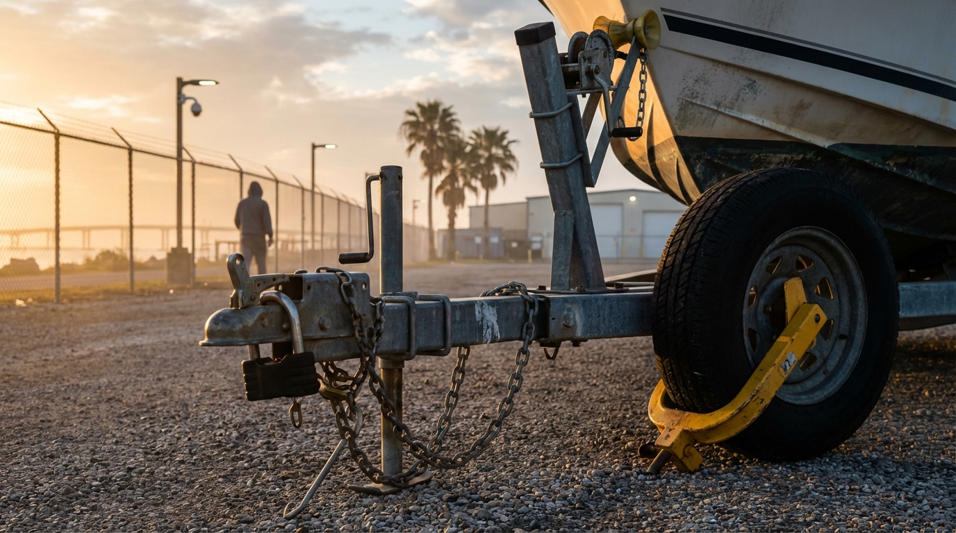 Boat trailer coupler lock and wheel lock setup for theft prevention in Galveston TX