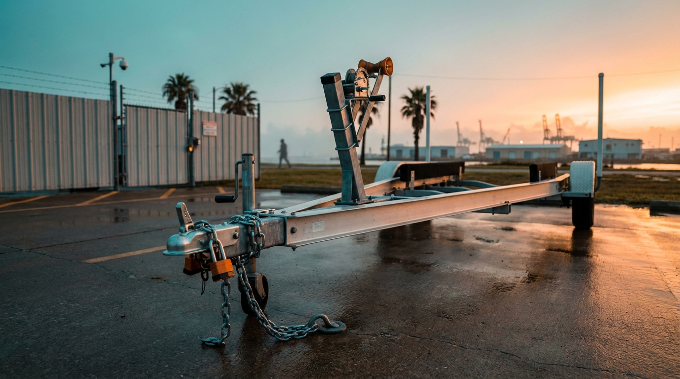 Outdoor boat trailer storage with motion lighting and security camera in Galveston neighborhood