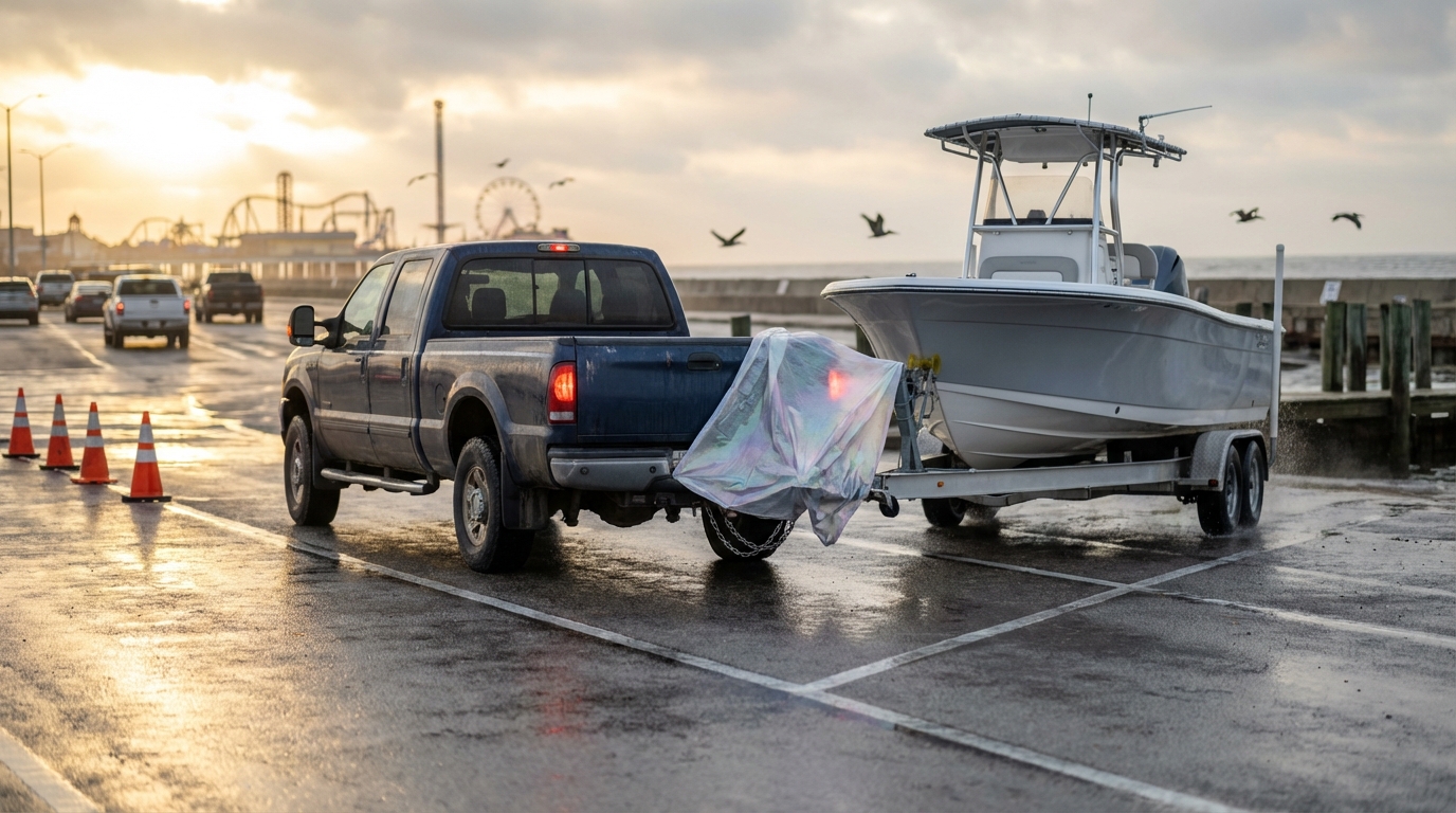 Boat trailer collision damage while towing in Galveston TX traffic