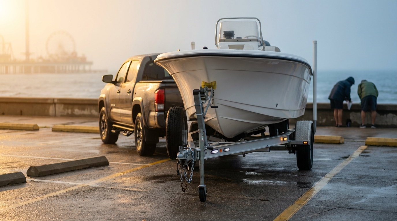 Boat trailer theft prevention at Galveston TX storage lot with hitch lock