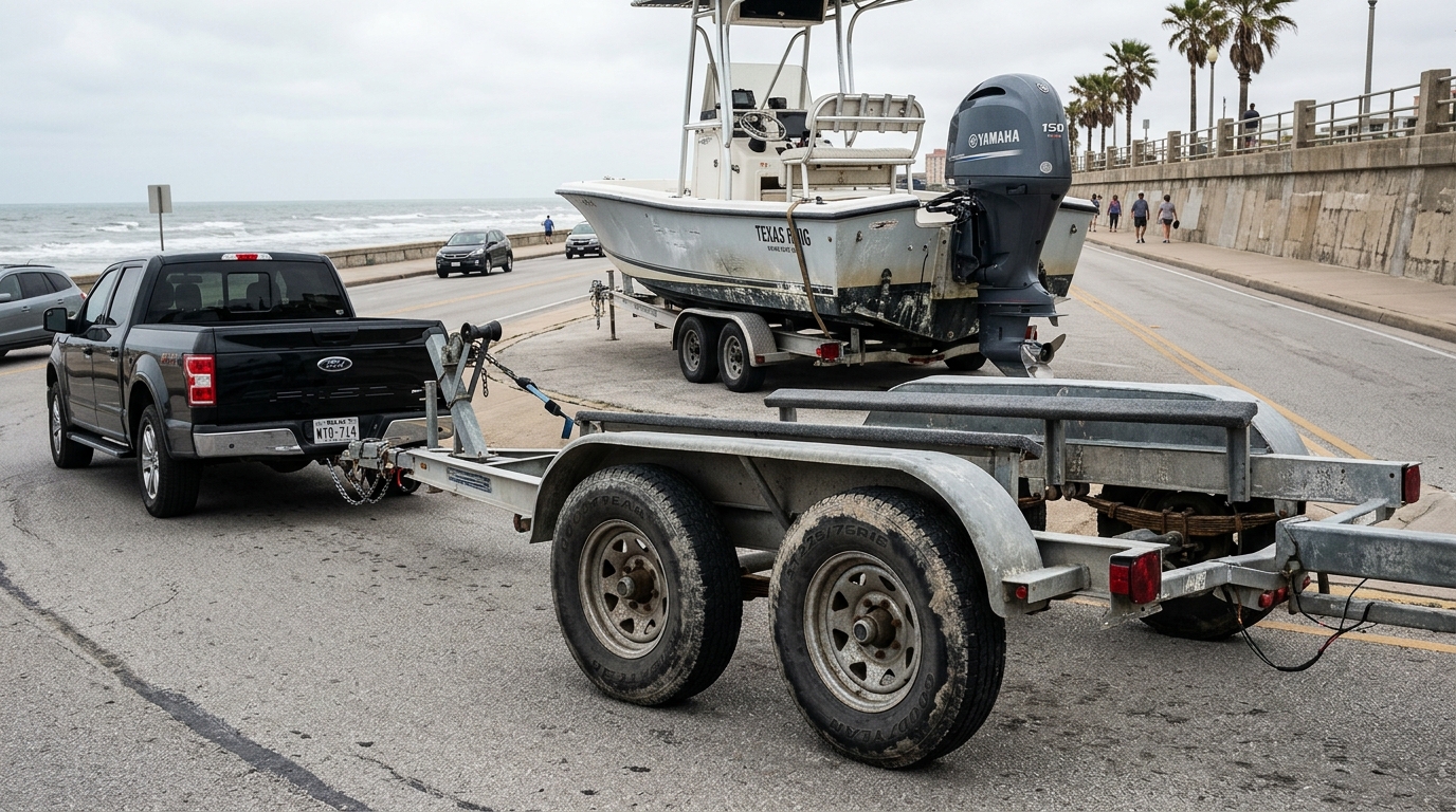 A boat trailer's safety chains correctly crossed under the coupler and attached to a truck hitch in a Galveston driveway