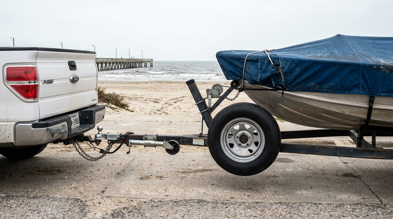 A boater performing a final walk-around inspection of a boat on a trailer at a Galveston boat ramp before launching