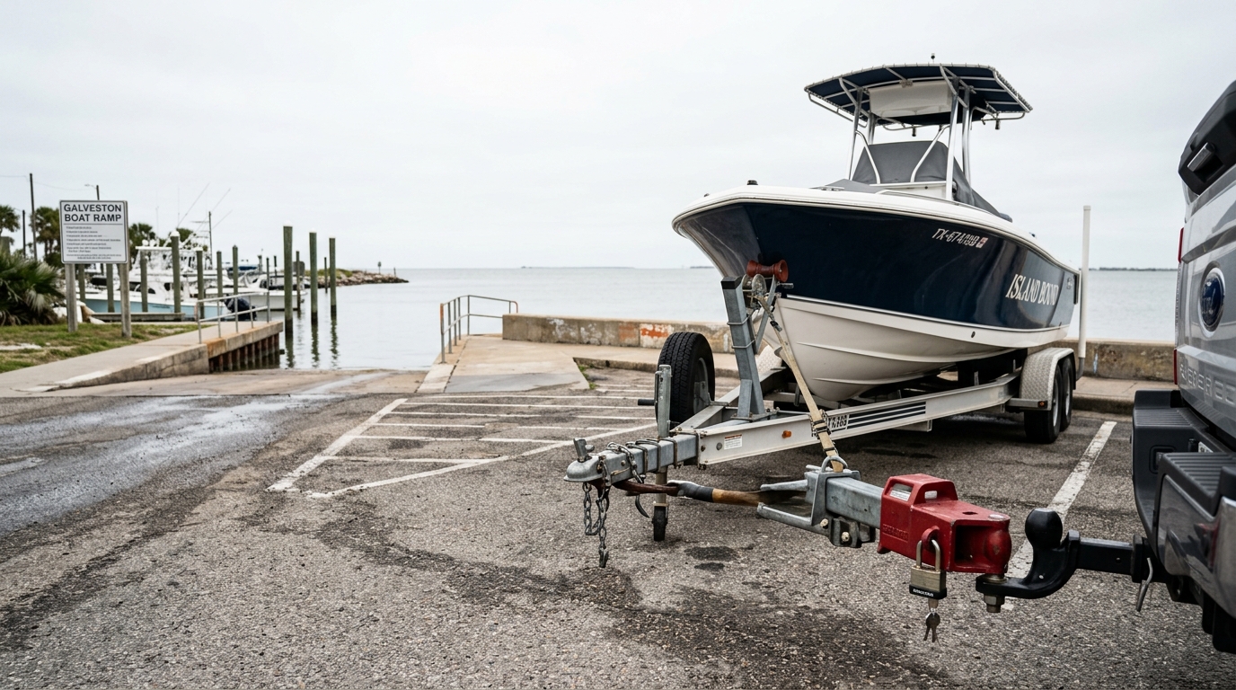 Heavy-duty coupler lock and wheel chock securing a boat trailer in a Galveston parking lot