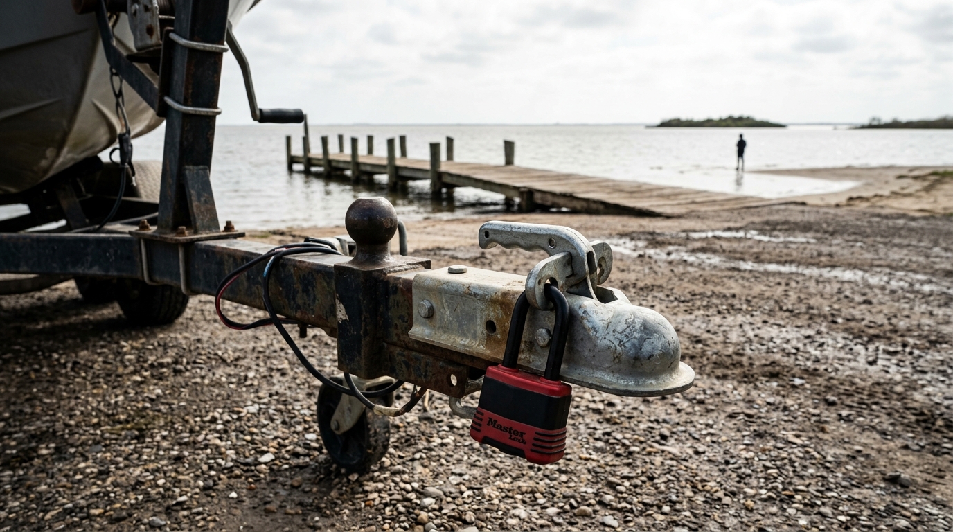 Small, waterproof GPS tracker hidden inside a boat trailer frame for theft recovery