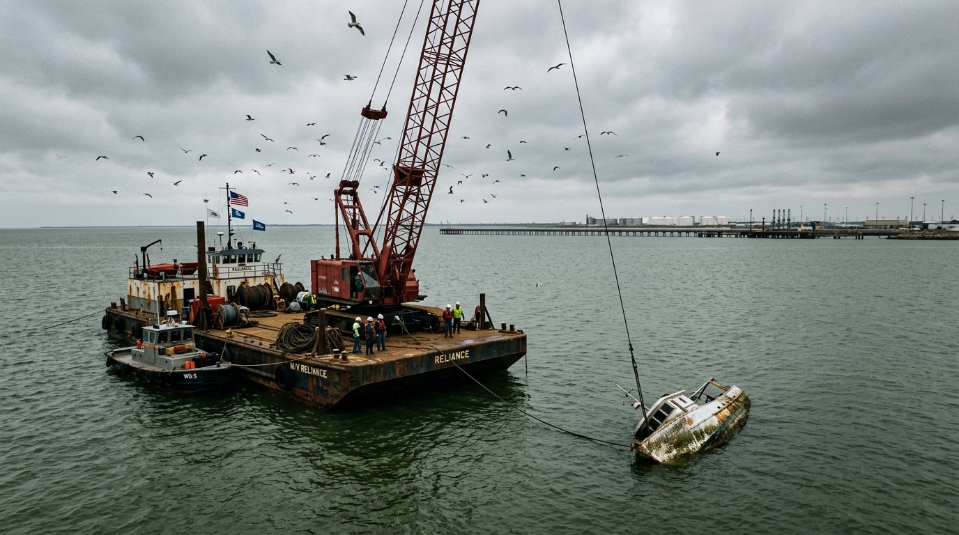 Diver assessing a sunken vessel in murky Galveston Bay waters