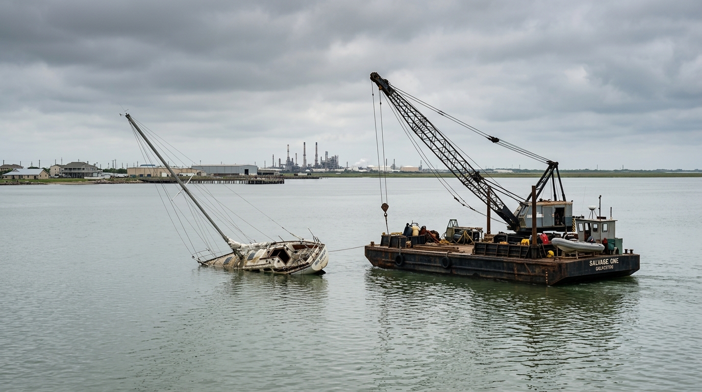 Crane barge lifting a sunken boat out of the water at Galveston Yacht Basin