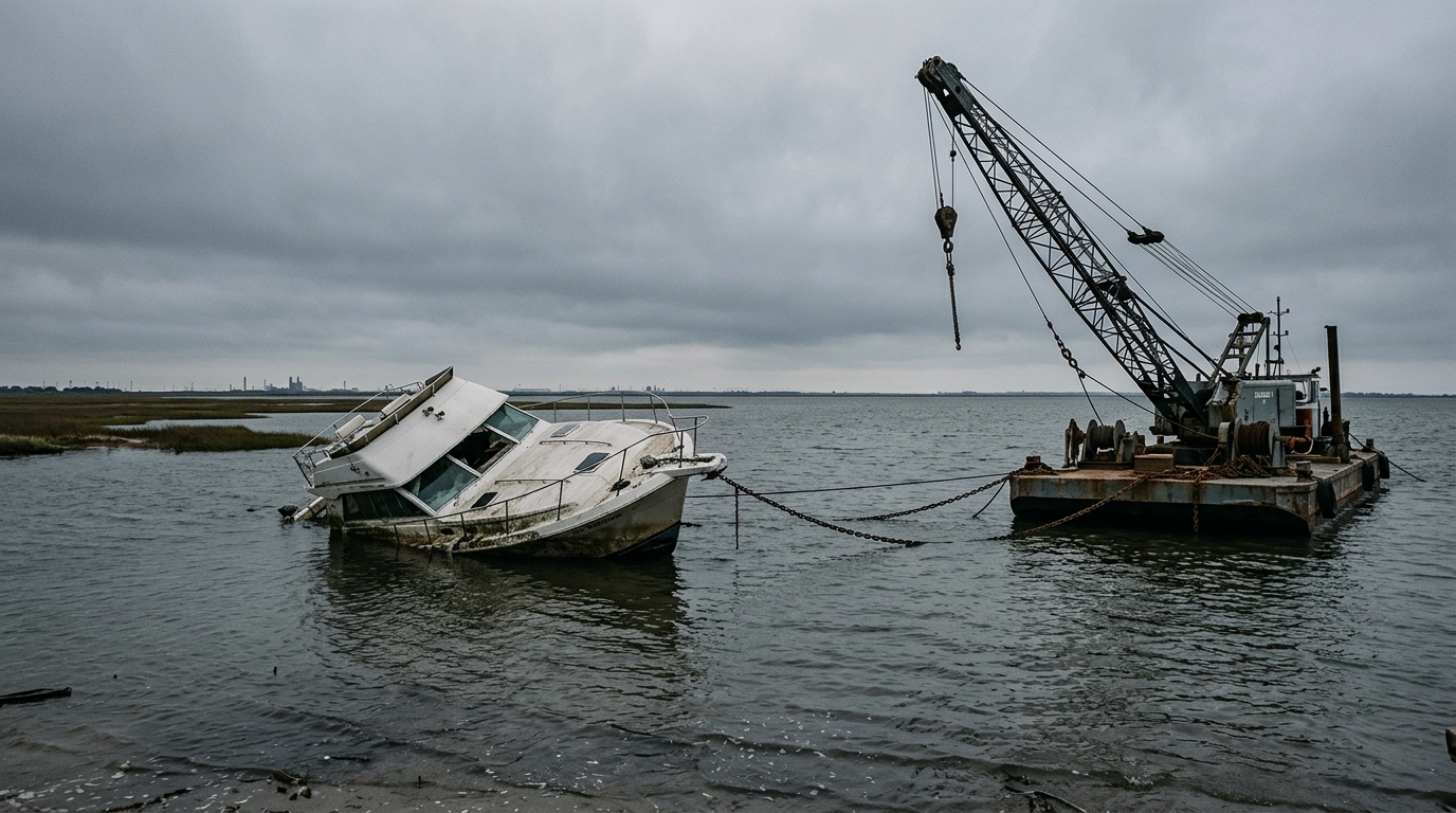 Aerial view of abandoned boats in Galveston Bay marshland