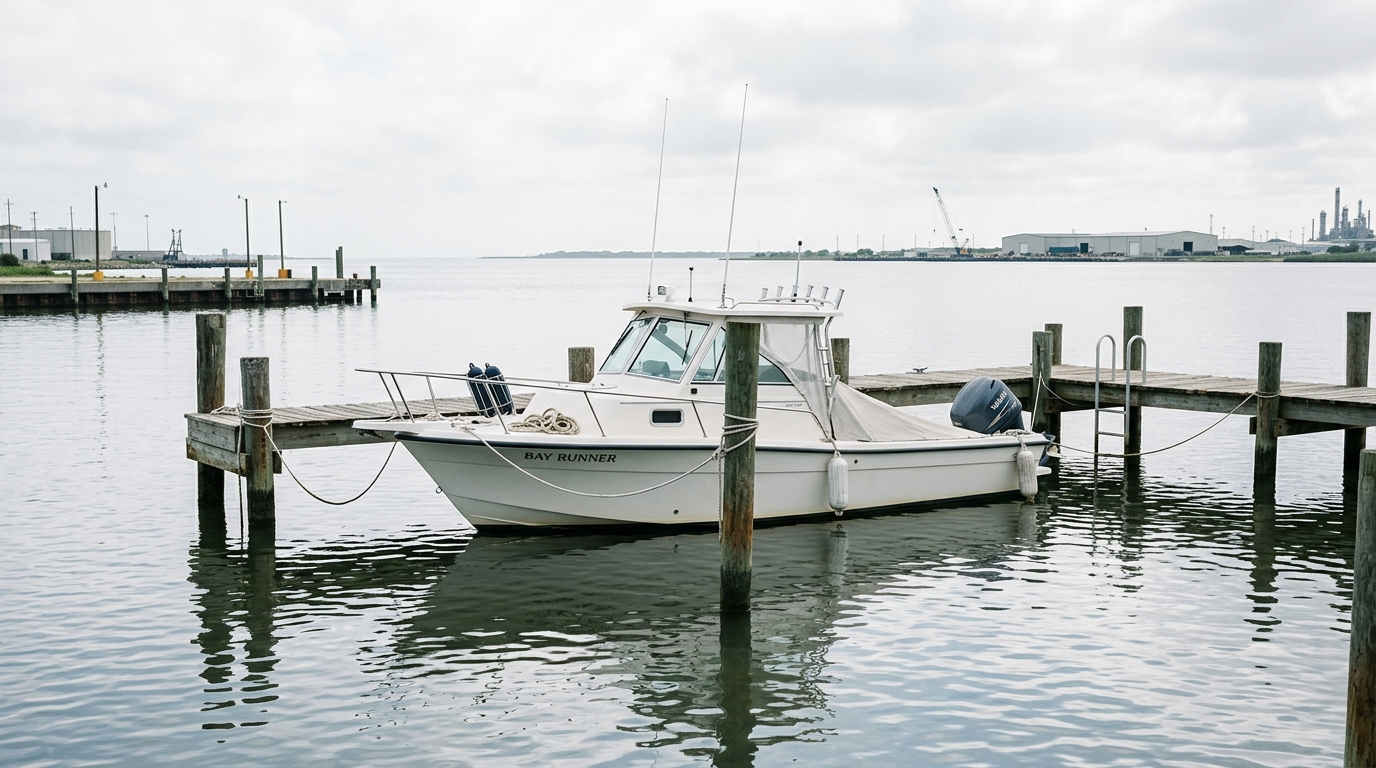 A damaged boat hull with deep gouges floating in a Texas marina, representing uninsured boater property damage
