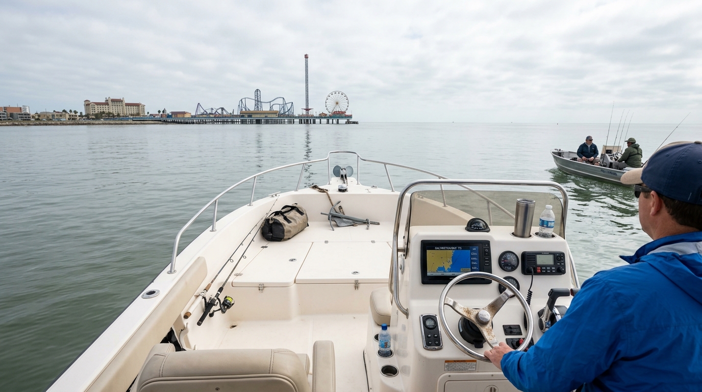 A family happily boating on a sunny day in Galveston, Texas, with the coastline in the background, illustrating peace of mind on the water