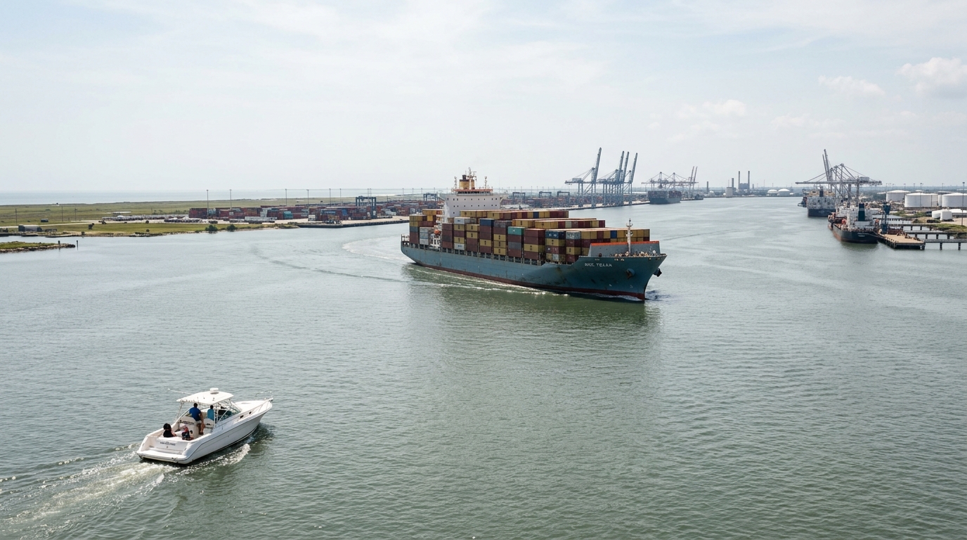 Busy Houston Ship Channel with recreational and commercial vessels navigating near Galveston Texas