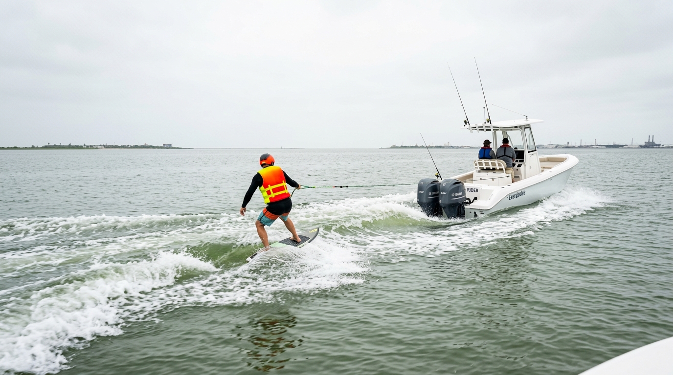 Wakesurfer riding a wave behind a boat on Galveston Bay with a life jacket