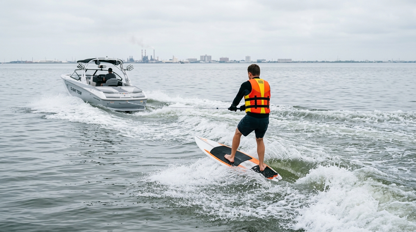 Boat insurance policy document with a pen and a Galveston Bay boating scene in background