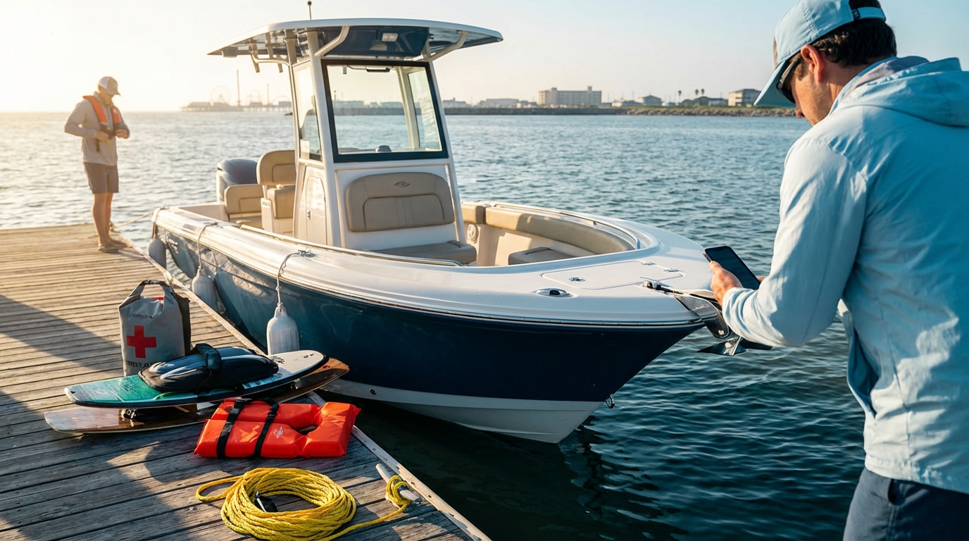 Boat towing a tube near Galveston TX with spotter and tow rope setup
