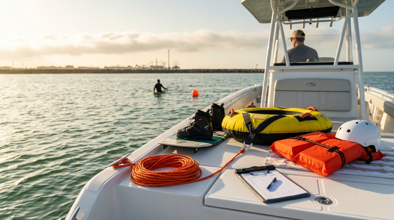 Boat operator and spotter reviewing hand signals before towing in Galveston TX
