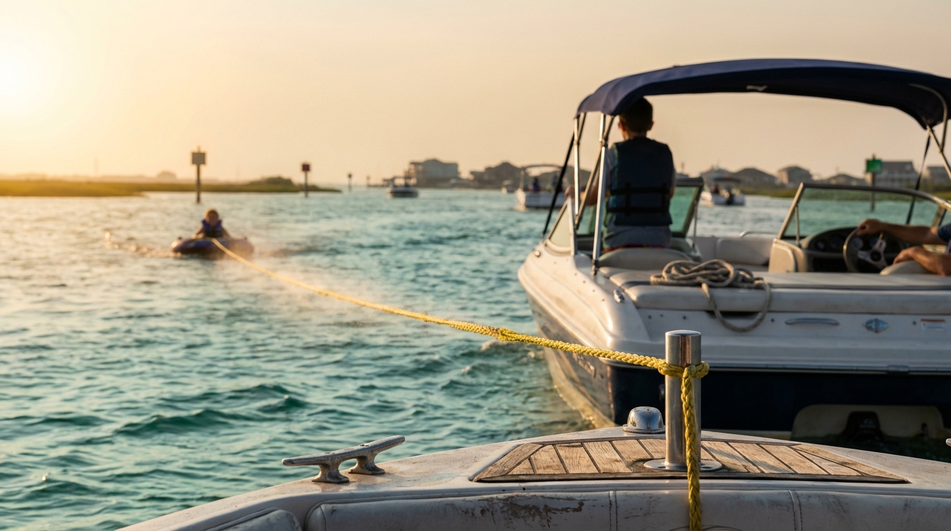 Wakeboarding behind a boat near Galveston with spotter and safe tow line setup