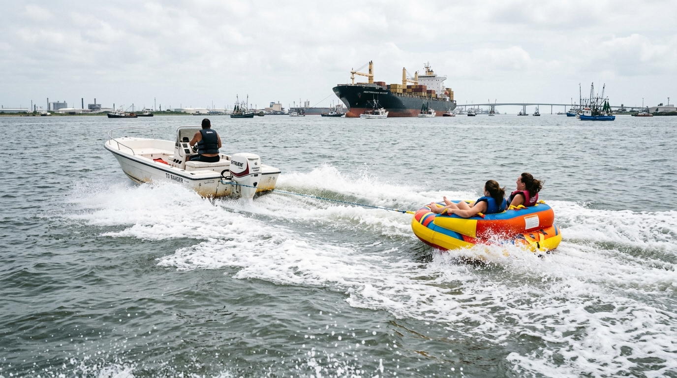 A boat towing a tube in the busy waters near Galveston, Texas, illustrating the need for watersports liability coverage.
