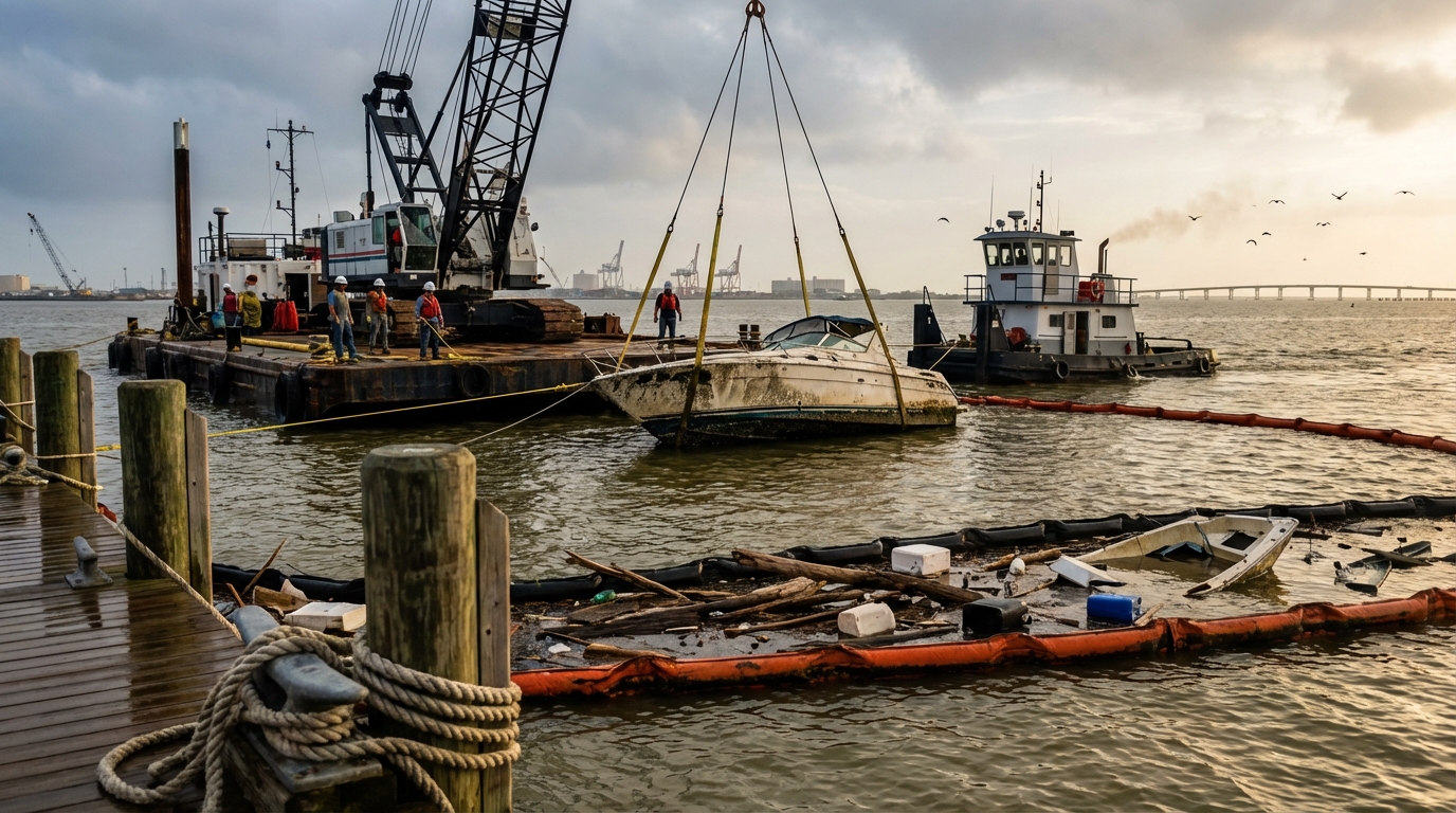 Salvage crew raising a sunken boat at a Galveston marina for wreckage removal coverage claim