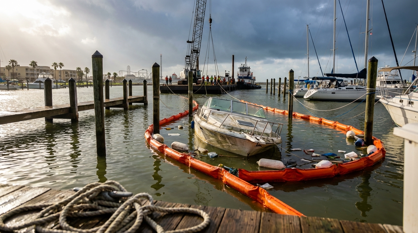 Oil sheen containment boom near a damaged boat in Galveston Bay showing pollution liability concerns