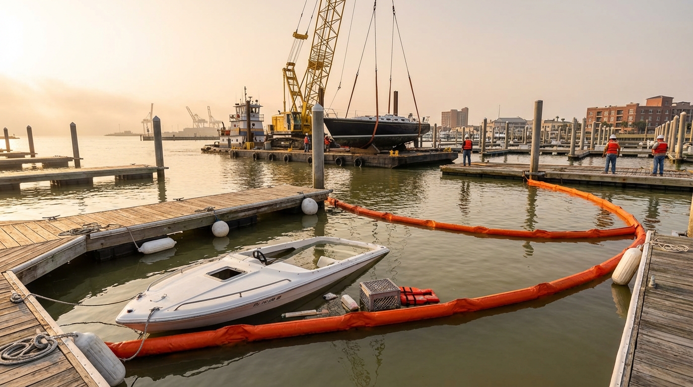 Boat owner documenting damage and calling insurer after a sinking in Galveston for wreckage removal claim