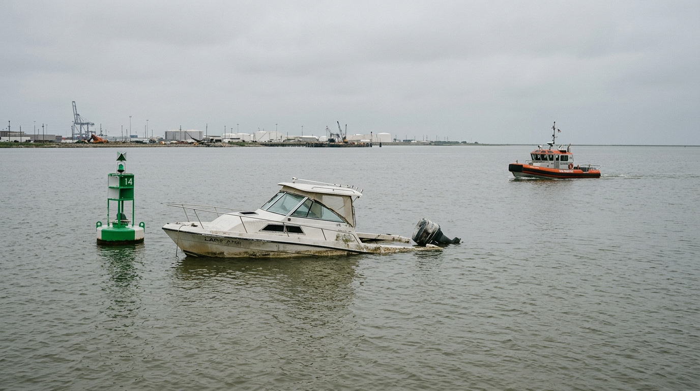 A Texas Parks and Wildlife boat patrolling a marina in Galveston, TX, enforcing vessel abandonment laws