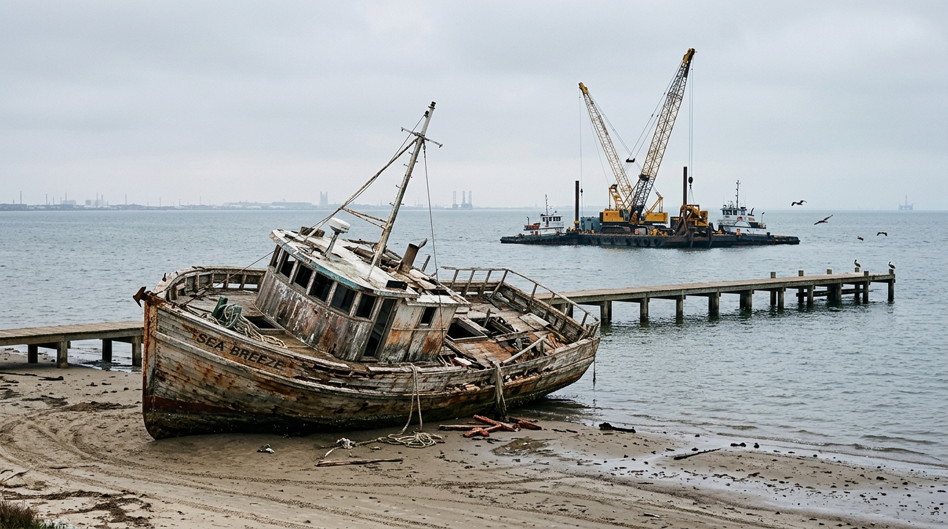 A crane barge conducting a wreck removal operation in Galveston Bay, Texas