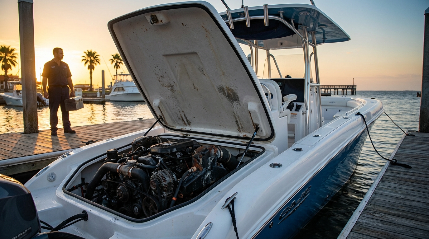 Boat mechanic inspecting an outboard engine for a mechanical breakdown claim in Galveston, TX