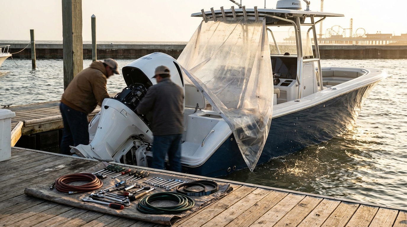 Boat running offshore from Galveston, TX illustrating engine wear-and-tear risk and coverage planning