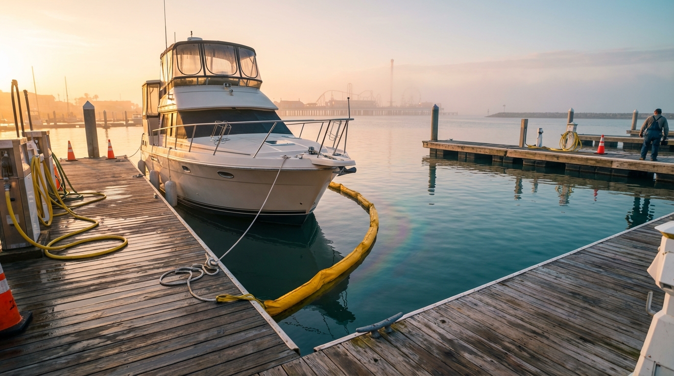Boat fuel spill cleanup response steps for Galveston, TX waterways and docks