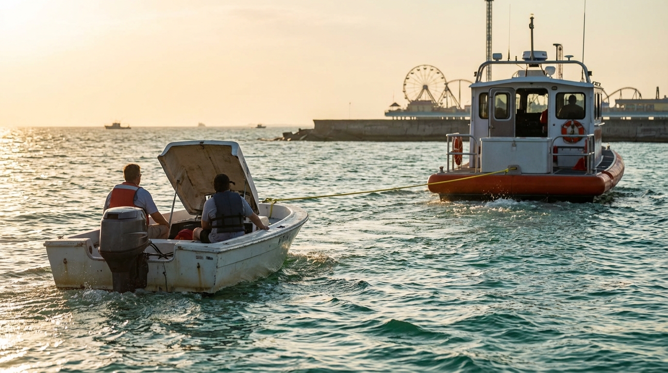 On-water boat towing assistance coverage in Galveston, TX near Galveston Bay