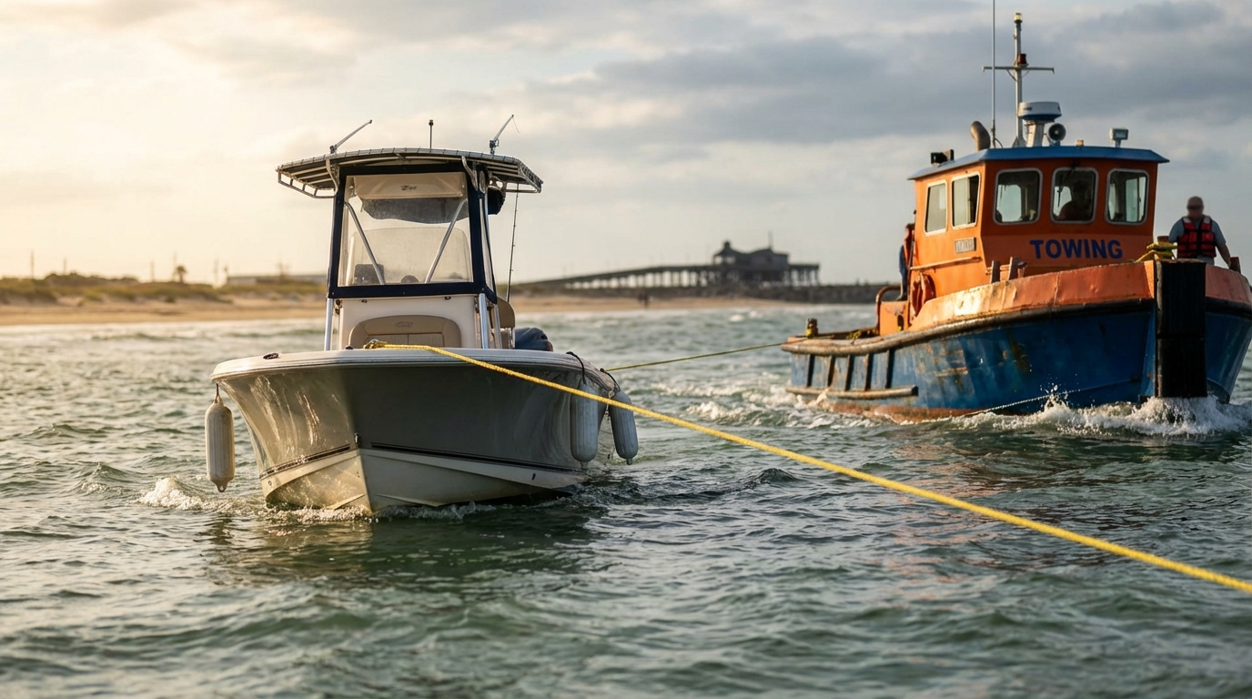 Boat insurance towing claim paperwork and marina receipt in Galveston, TX