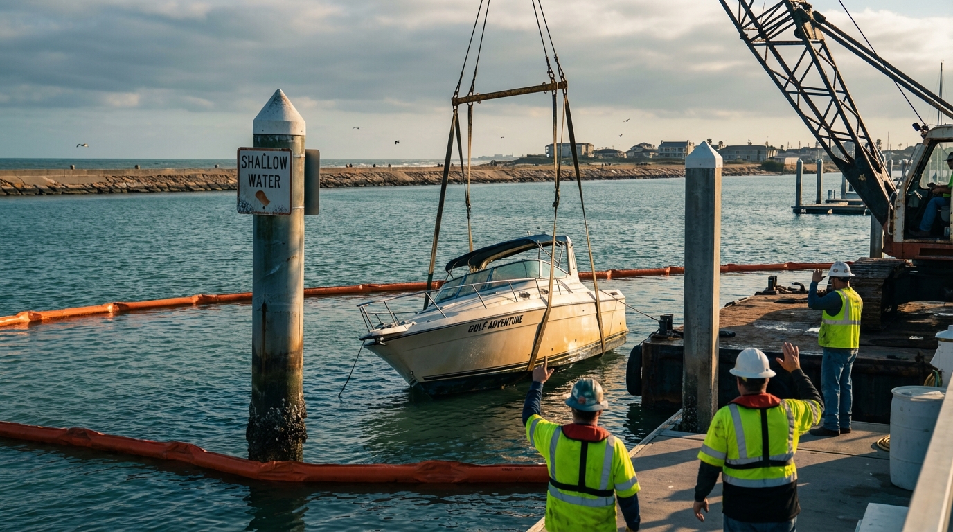 Boat salvage and towing operation illustrating wreckage removal insurance in Galveston, TX